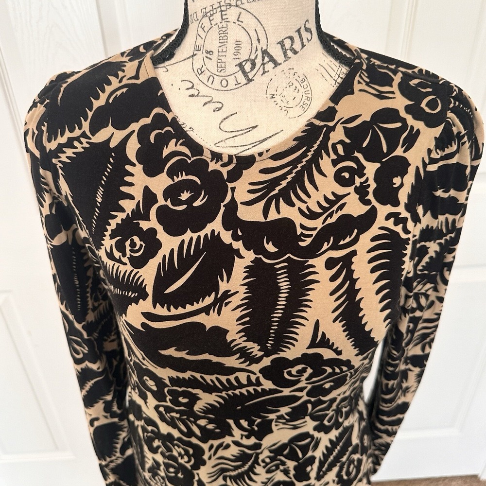 BODEN Crew Neck Jersey Knit Midi Dress Floral Abstract Garden Black Tan Size 8 P - Picture 9 of 16